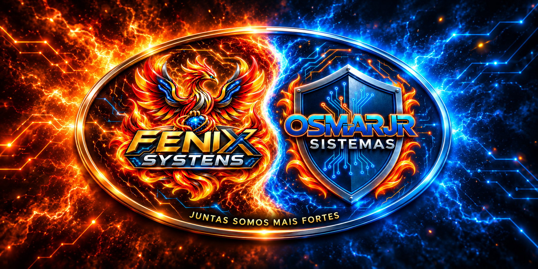Logo Fenix Systens e OsmarJR Sistemas em composição azul e fogo
